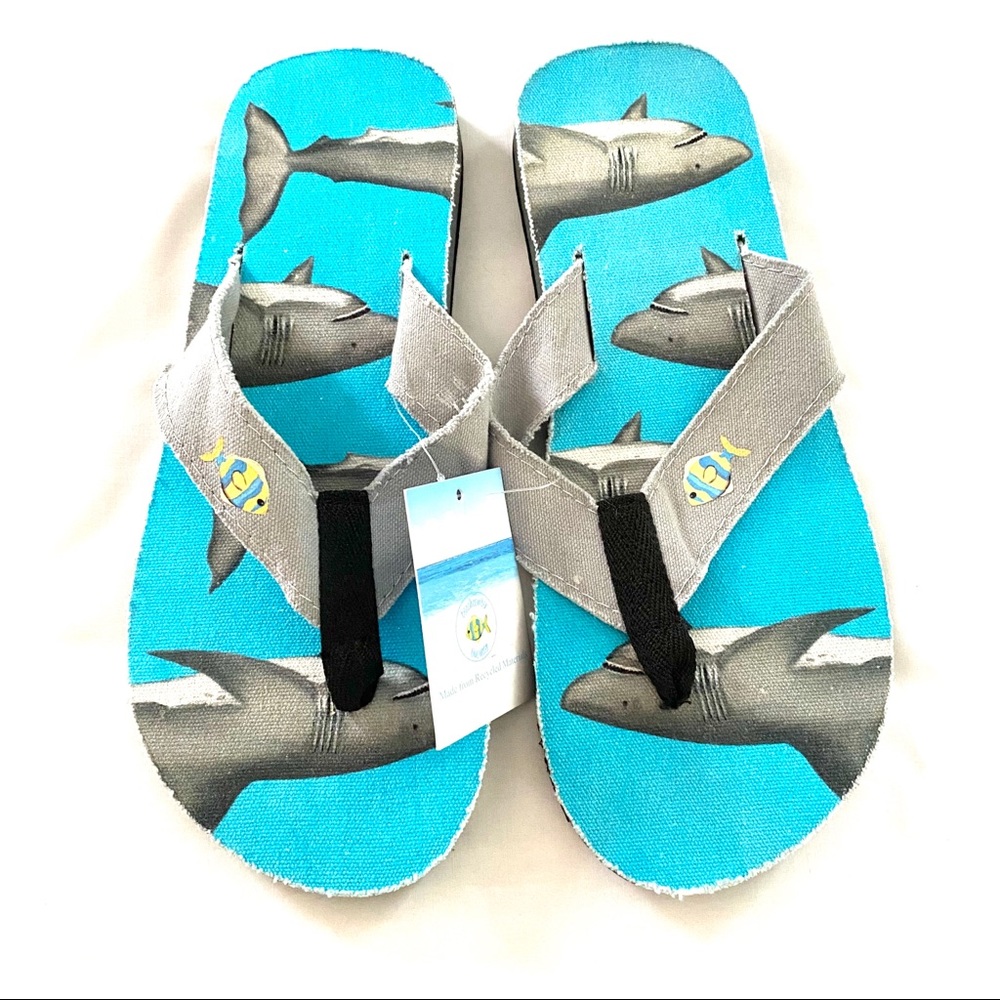 SOLD! 💚Beachcomber Blue Water Sharks Flip Flops - Picture 1 of 12